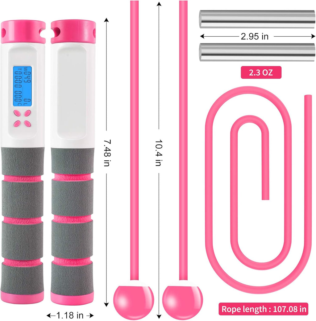 Jump Rope, Digital Weighted Handle Workout Jumping Rope with Calorie Counter for Fitness Exercise Boxing, Cordless Skipping Rope for Adults, Men, Women, Kids, Girls (Pink)