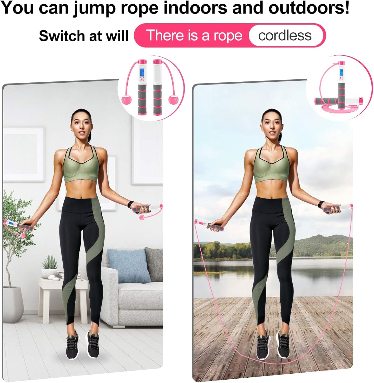 Jump Rope, Digital Weighted Handle Workout Jumping Rope with Calorie Counter for Fitness Exercise Boxing, Cordless Skipping Rope for Adults, Men, Women, Kids, Girls (Pink)