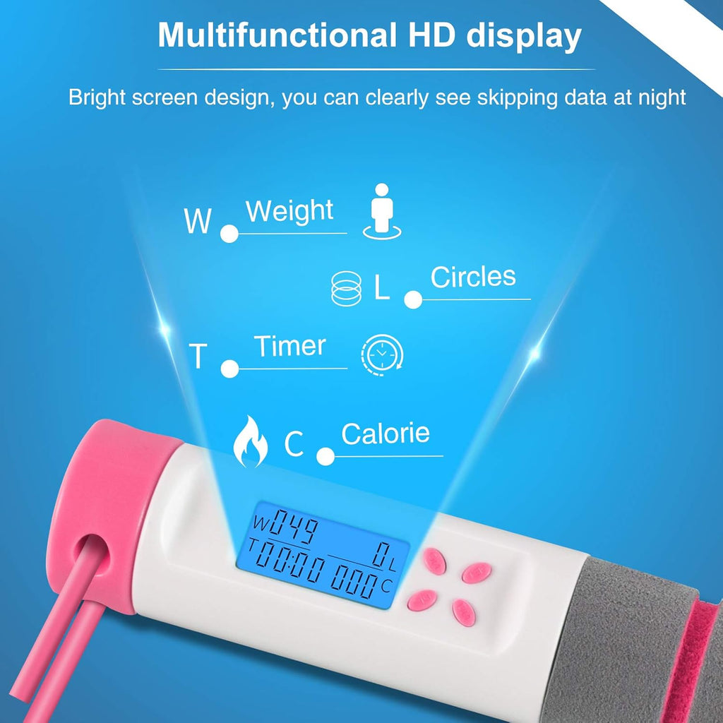 Jump Rope, Digital Weighted Handle Workout Jumping Rope with Calorie Counter for Fitness Exercise Boxing, Cordless Skipping Rope for Adults, Men, Women, Kids, Girls (Pink)