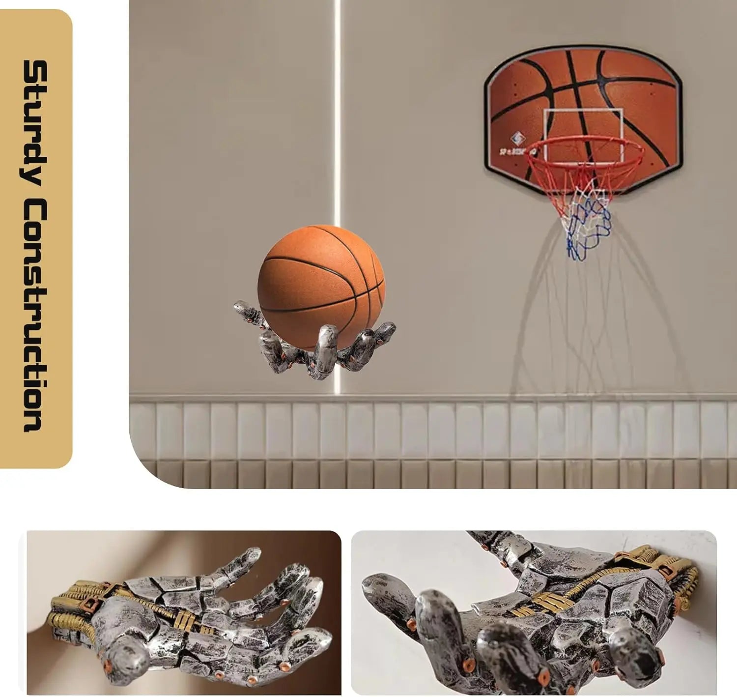 Basketball Holder, Hand Sculpture Ball Holder Wall Mount Art Decor Stand Basketball Storage Rack Organizer Display Case Man Cave for Football Soccer Gifts for Him Men Boys Gamers