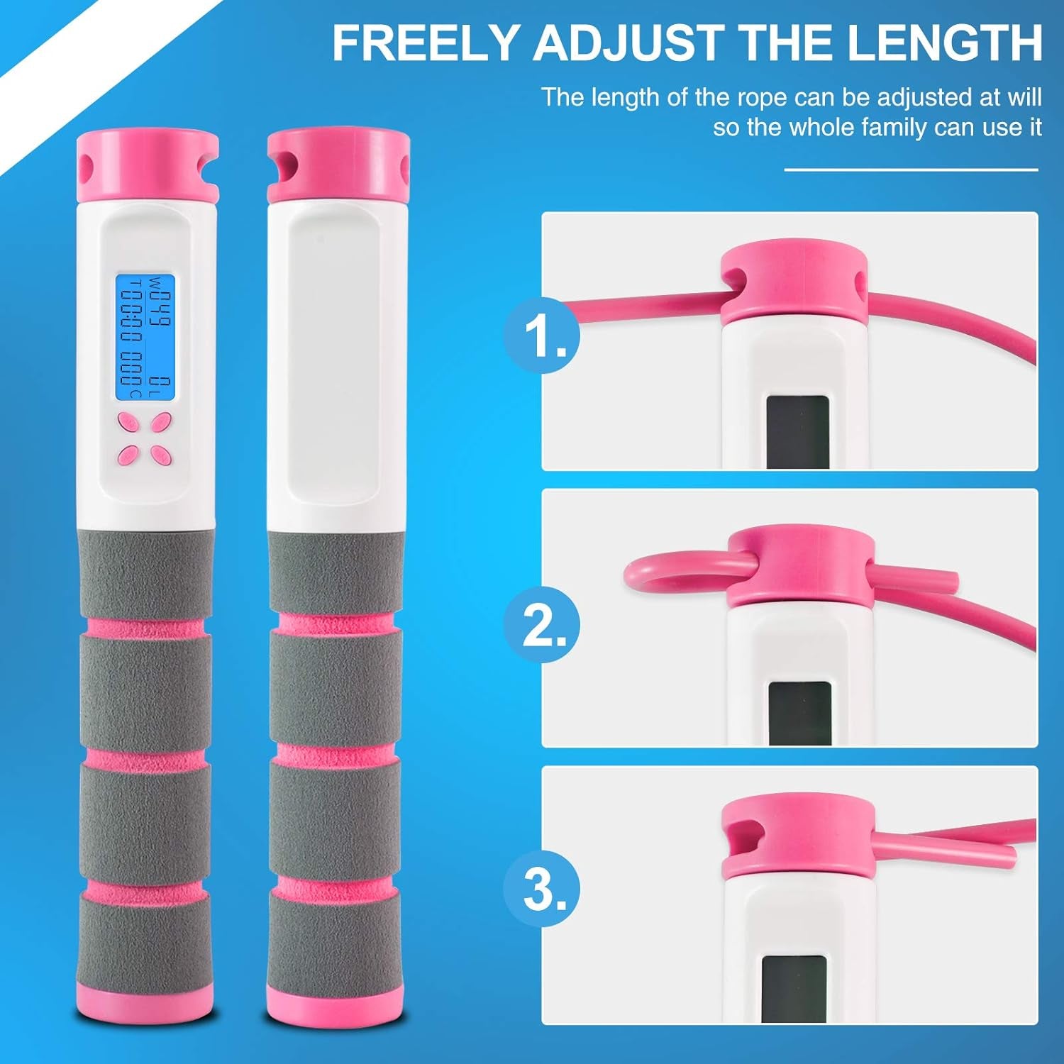Jump Rope, Digital Weighted Handle Workout Jumping Rope with Calorie Counter for Fitness Exercise Boxing, Cordless Skipping Rope for Adults, Men, Women, Kids, Girls (Pink)