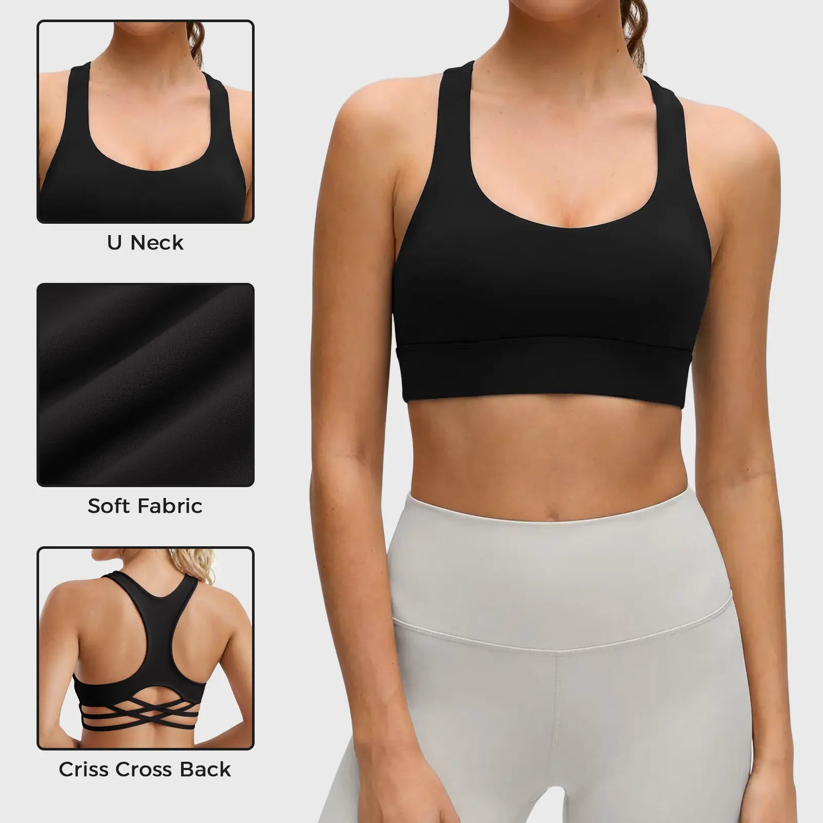 Aoysky Women'S Racerback Criss Cross V-Neck Padded Low-Impact Wireless Solid Color Stretch Sports Bra, Bra for Women, Fitness Clothes Activewear Crop Top for Gym Workouts