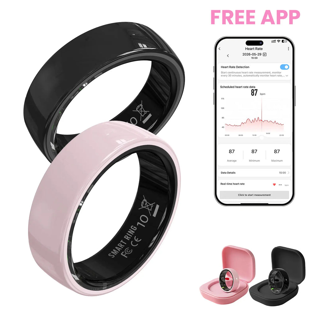 #6-#11 Pink White & Black Ceramic Smart Rings for Women & Men, Waterproof Wearable Fitness Trackers, Heart Rate, Stress & Cycle Monitor, Sleep Tracker, IP68 Waterproof, 5-7 Day Battery, Ios & Android Compatible with Charging Case, Couple Gift